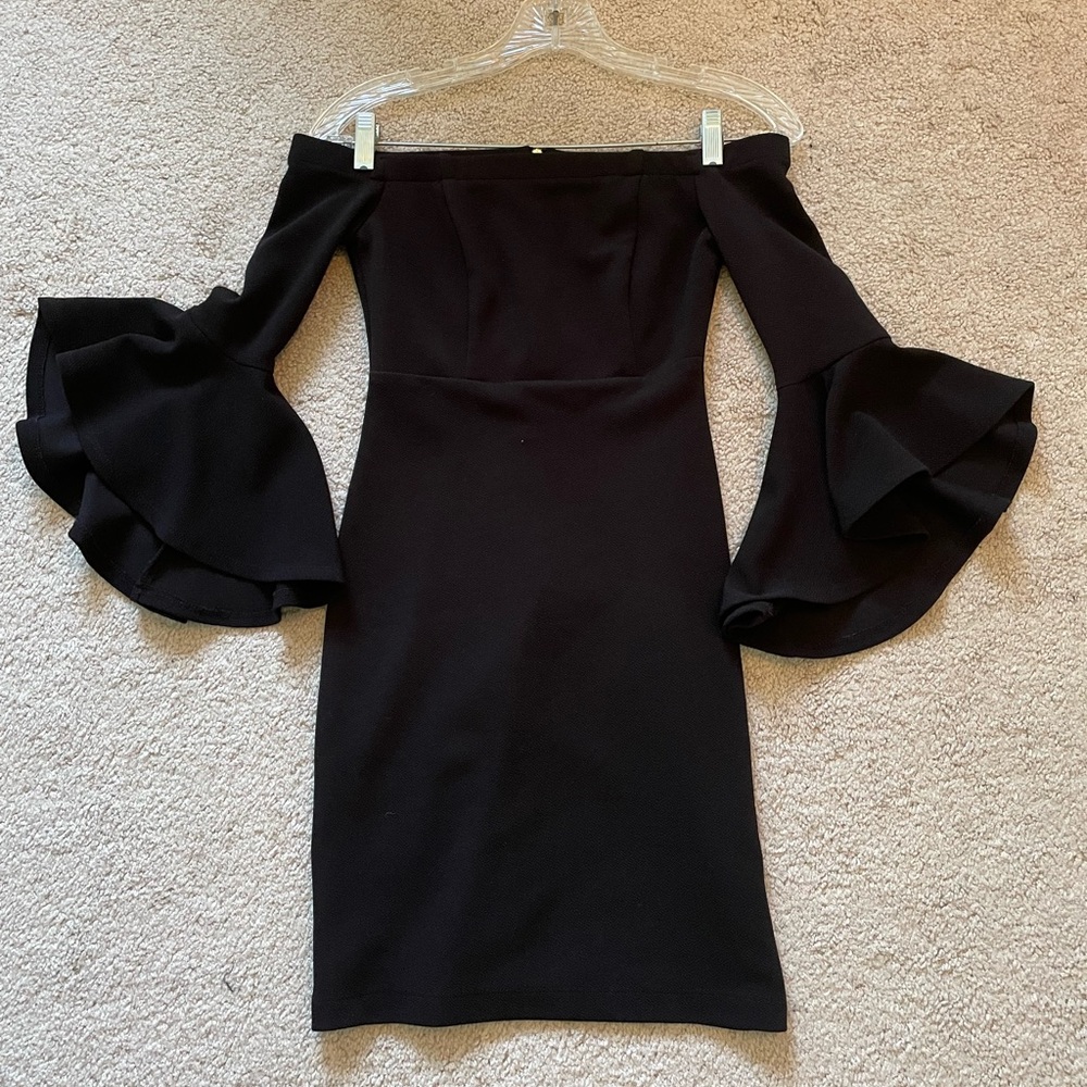 Macy’s black mini dress with flared sleeves